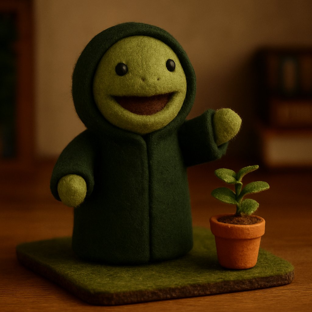 Green-robed puppet beside a tiny potted herb
